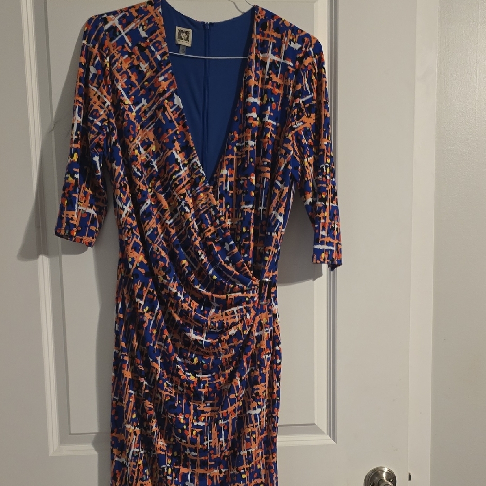 Anne Klein Blue and Orange Abstract Wrap-Style Midi Dress
